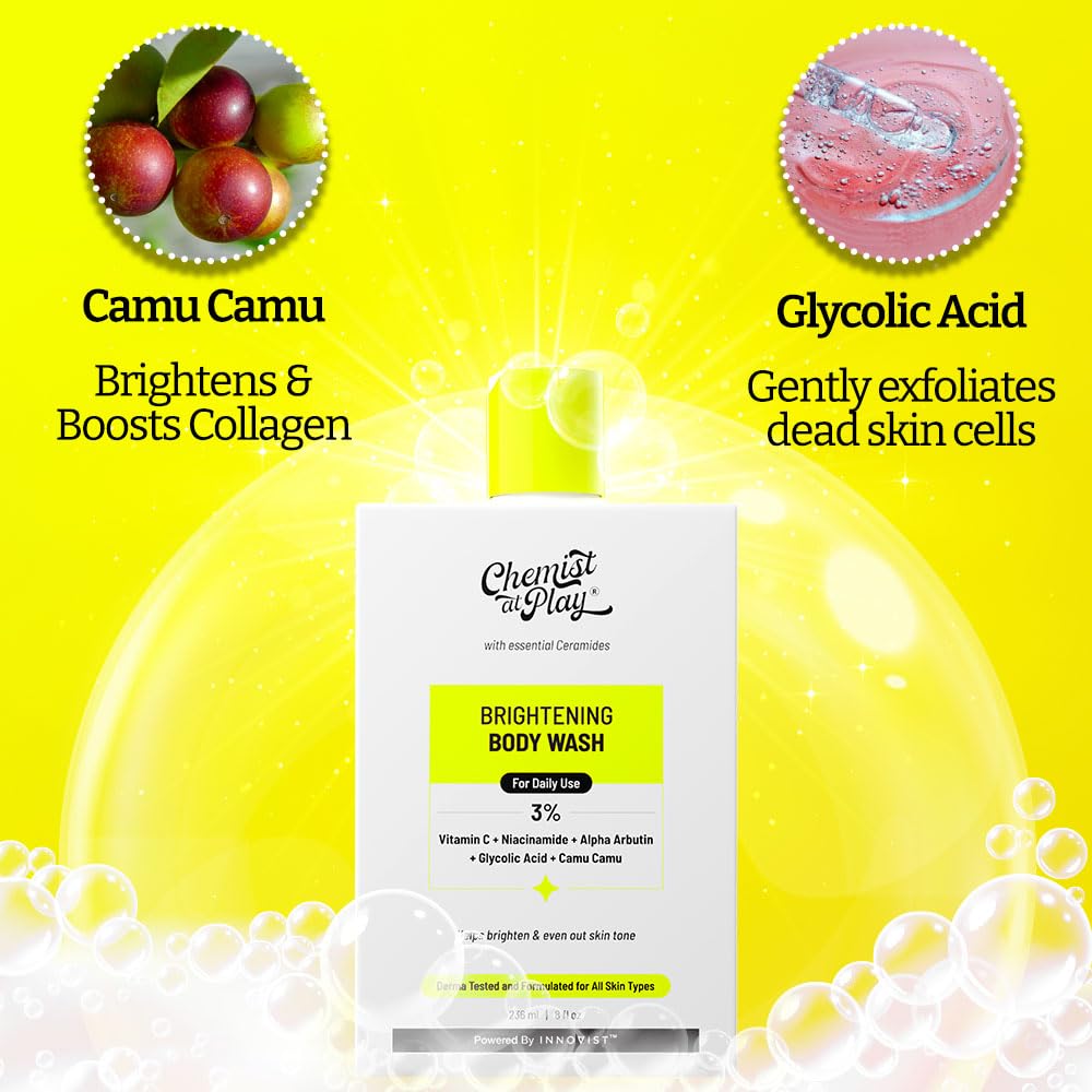Chemist at Play Brightening Body Wash | Glowing Skin Vitamin C Bodywash | Helps to Reduce Fades Dark Spots, Tan & Evens out Skin Tone | Alpha Arbutin | 30X Vitamin C with Camu Camu | For Women & Men | 236ml