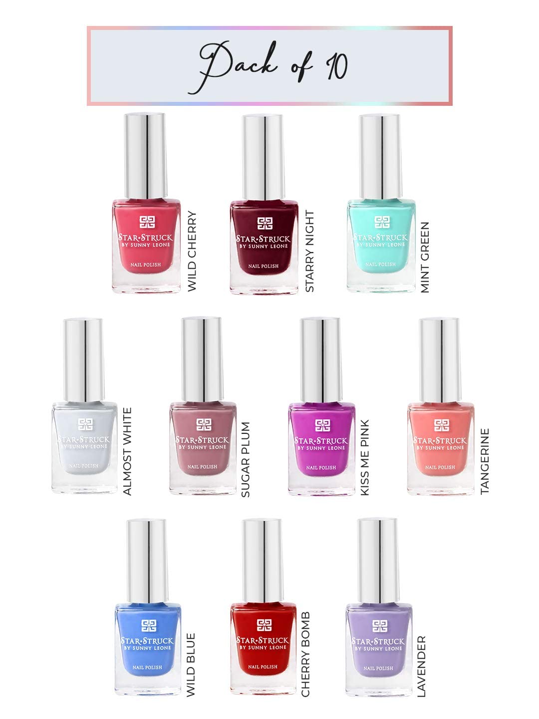 STARSTRUCK BY SUNNY LEONE Glossy Nails Polish Combo Pack of 10 (10 ML) | Smooth Texture, High Gloss 18.1 x 13.8 x 11.8 cm