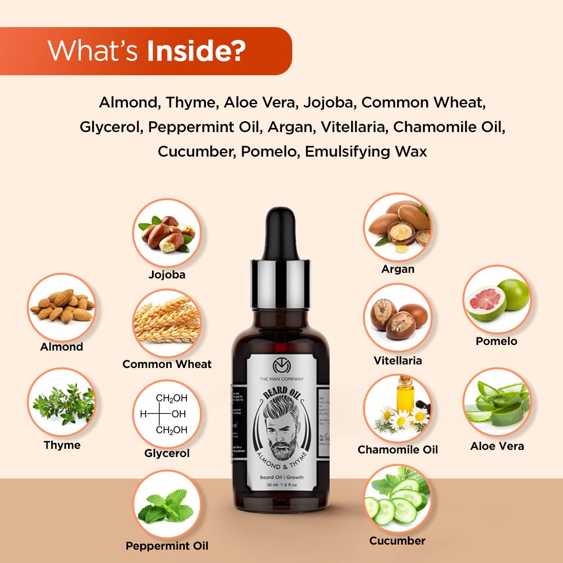 The Man Company Beard Oil for Growing Beard Faster with Almond & Thyme, 100% NATURAL, Best Beard Growth Oil for Men, Nourishes & Strengthens Uneven Patchy Beard - 30ML