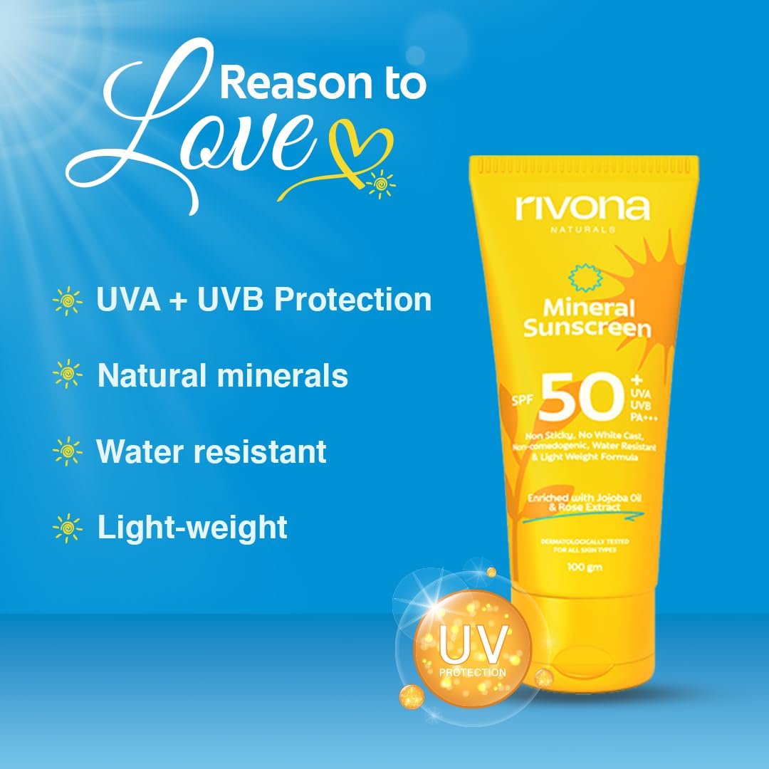 Rivona Naturals Mineral Sunscreen Spf 50 PA +++ for Acne-prone skin| UVA & UVB filters| No White Cast| Non-Oily, Non-Sticky & Water resistant| For dry, oily and sensitive skin| 100 gm