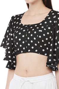 X3 Women's  Black & White Polka Dot Polyester Saree Blouse with Cape Sleeves
