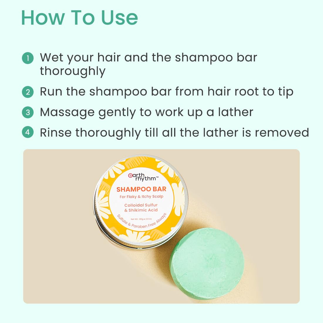 Earth Rhythm Anti-Dandruff Shampoo Bar for Itchy & Flaky Scalp | Men & Women | Contains Arnica Peppermint & Menthol Extracts | Sulphate & Paraben Free - 80 g (Tin)