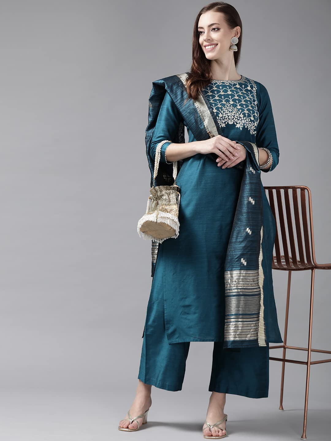 INDO ERA Women's  Silk Blend Embroidered Straight Kurta Palazzo with Dupatta Set (Teal_KH9TL9240_XS to 2XL-Size)