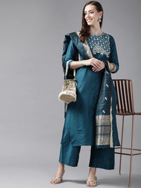 INDO ERA Women's  Silk Blend Embroidered Straight Kurta Palazzo with Dupatta Set (Teal_KH9TL9240_XS to 2XL-Size)