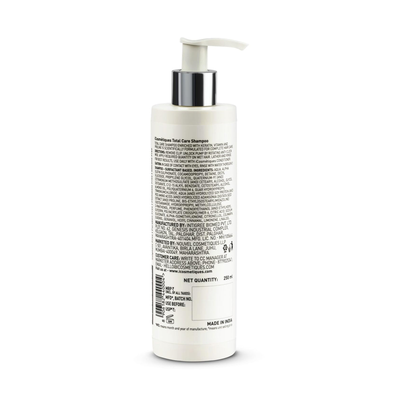 iCosmetiques Sulphate Free Shampoo |Reduces Hair Fall & Frizz |Keratin, Proline, B5 |Strengthens Roots | Silicone and Paraben Free |Unisex Total Care Formula |250ml