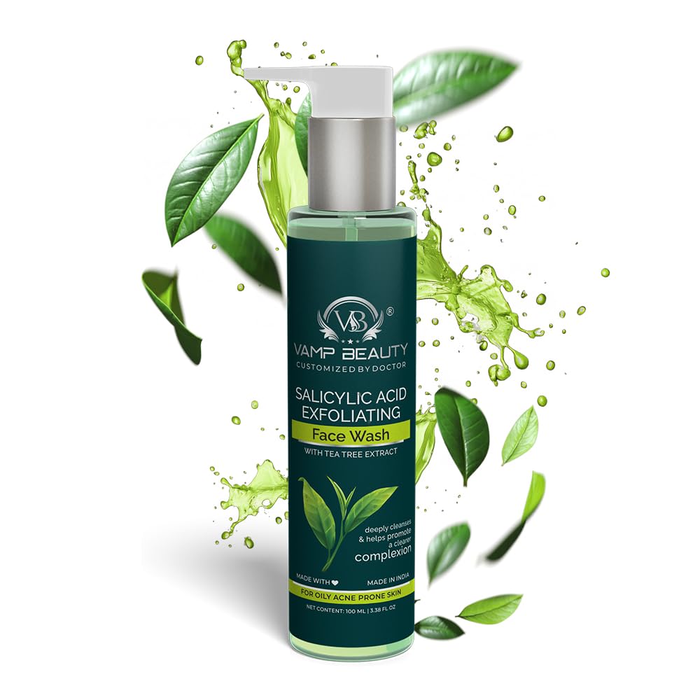 Vamp Beauty 0.5% Salicylic Acid Face Wash for oily acne prone skin with Tea Tree | Oil Control & Pore Cleansing | Gentle Exfoliating Cleanser for Acne-Prone Skin | 100 ml
