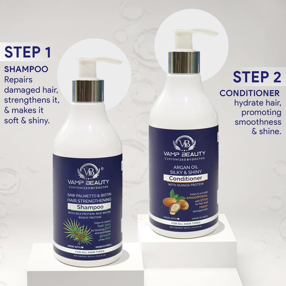 Vamp Beauty Strengthening Shampoo with Saw Palmetto & Biotin | Controls Hair Fall, Repairs Damage | Enriched with Silk Protein, Rice Water & Wheat Protein | For All Hair Types | 300ml