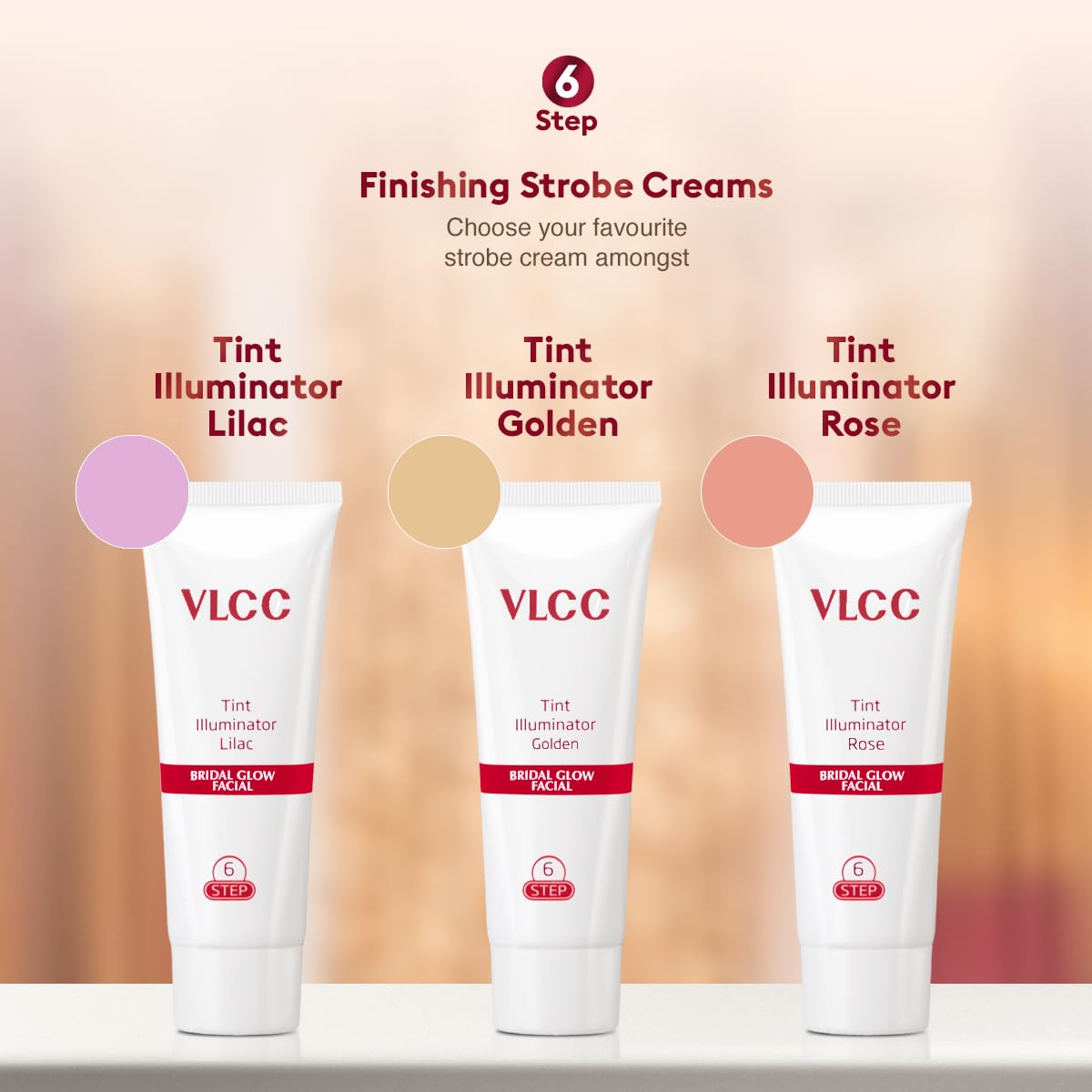 VLCC Bridal Glow Facial Kit - 49g, With Hyaluronic Acid, Niacinamide & Vitamin C. At home facial with 3 Illuminator Strobe Creams - Gold, Lilac, Rose.