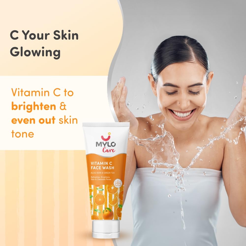 Mylo Care Vitamin C Refreshing & Brightening Face Wash - With Aloe Vera, Green Tea & Sugarcane Extracts - Hydrating Face Wash for Glowing Skin - Vitamin C Foaming Face Wash for All Skin Types -100ml