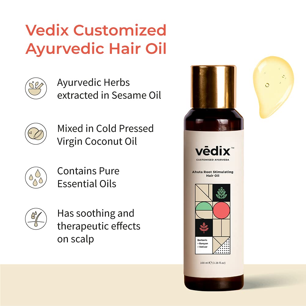 Vedix Ahuta Root Stimulating Ayurvedic Hair Oil | Hair Growth Oil With Berberis + Banyan + Vetiver - Customized Anti Hair Fall Control Oil - 100ml