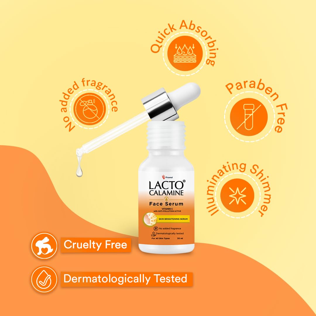 Lacto Calamine Vitamin C Face Serum with 98% Pure Vitamin C Complex | 30ml | Glowing Skin with Niacinamide | Vitamin C Serum For Dark Spots Reduction & Moisturization | Pollushield, Vitamin E, B3 & B5