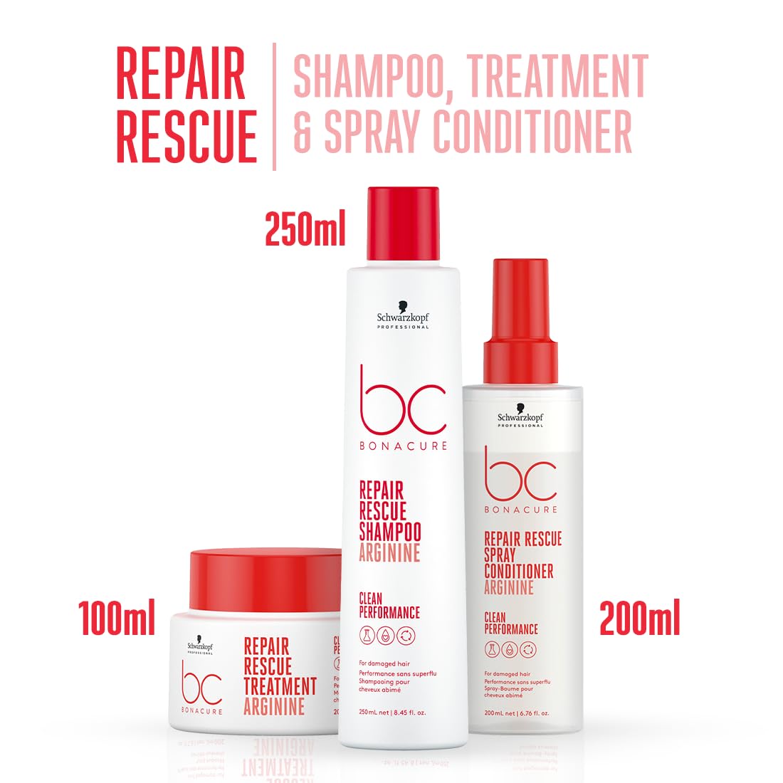 Schwarzkopf Professional New Bonacure Clean Repair Rescue Shampoo (250 ml) with Arginine + Hair Mask treatment 200ml + Spray Conditioner 200ml | REGIME for Damaged and chemically treated hair | Combo