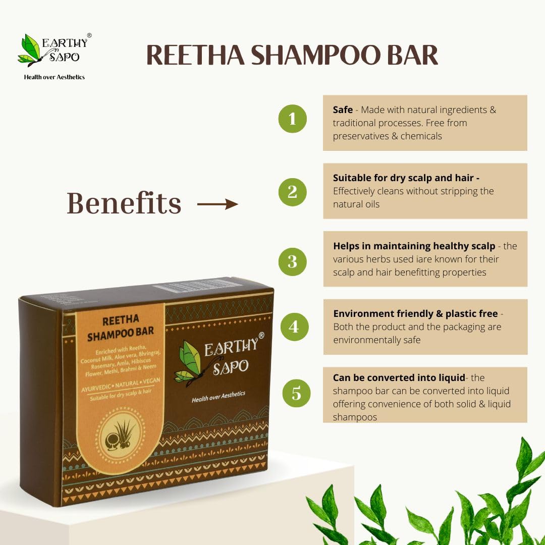 Earthy Sapo Reetha Shampoo Bar for Dry Hair (100g, Pack of 2) | Handmade Ayurvedic Hair Care | Vegan, Chemical-Free, Eco-Friendly | Reetha & Coconut Milk for Nourished Hair