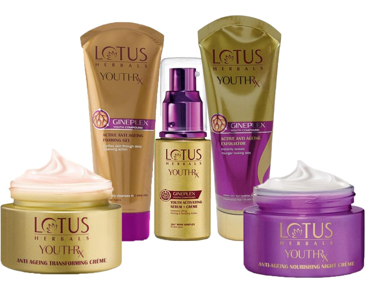 Lotus Herbals YouthRx Anti Ageing Transforming Cream_50g + Night Cream_50g + Foaming Gel_100g + Face Exfoliator_100g + Face Serum_30ml (Set Of 5)