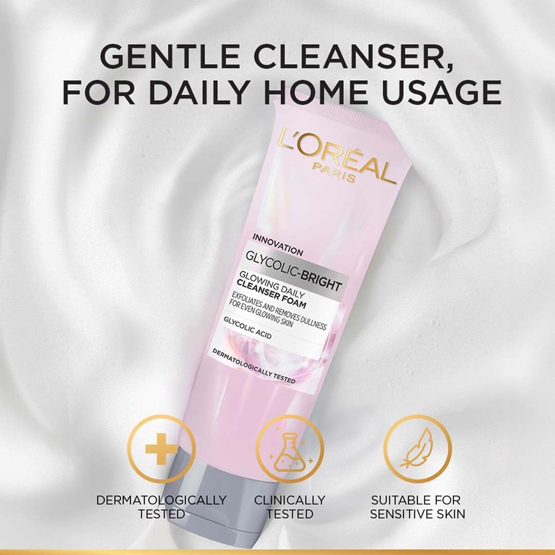 L’Oréal Paris Glycolic Bright Daily Foaming Facial Cleanser, 50ml Daily Glowing Facial Cleanser | Suitable for All Skin Types (PACK OF 2) 100g