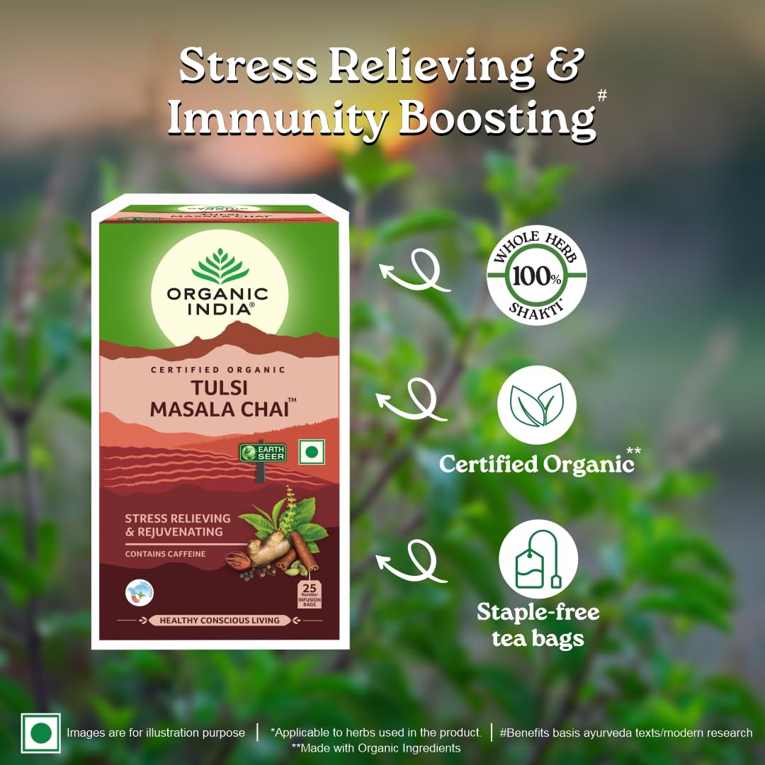 A TATA Product - Organic India Tulsi Masala Chai, 25 Tea Bags, Stress Relieving*, Refreshing And Relaxing, 100% Whole Herb Power*, Certified Organic, Unbleached Filter Paper Tea Bags