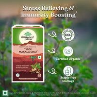 A TATA Product - Organic India Tulsi Masala Chai, 25 Tea Bags, Stress Relieving*, Refreshing And Relaxing, 100% Whole Herb Power*, Certified Organic, Unbleached Filter Paper Tea Bags