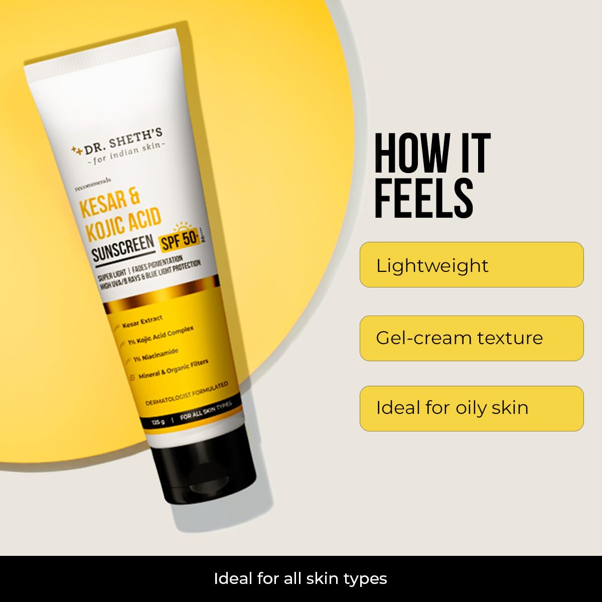 Dr. Sheth's Kesar & Kojic Acid Sunscreen with SPF 50 Pa++++ | For Pigtation-Free Skin | No White Cast & Light Weight | For Daily Moisturization | For All Skin Types | 125 g