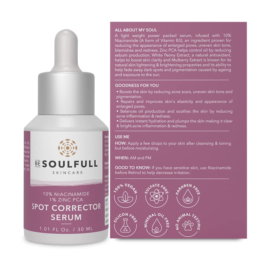 BE SOULFULL Spot Corrector Serum with 10% Niacinamide, 1% Zinc PCA for Normal to Oily Skin- Serum for Clear and Spotless Skin- Refine Skin Tone and Texture- checks Discoloration and Minimize Large Pores- 30ML