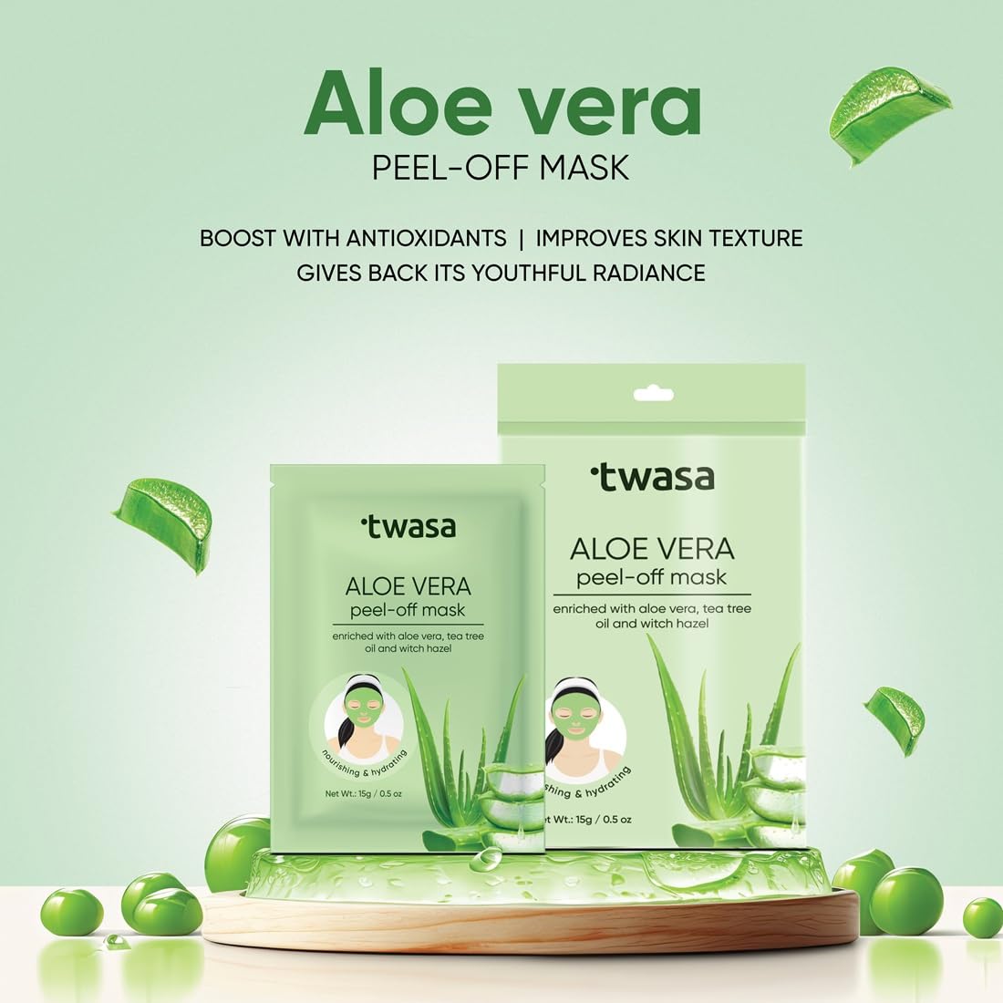 Twasa Aloe Vera Peel Off Mask | Face Mask For Anti Acne, Hydration and Soothing with Aloe Vera Extract, Tea Tree Oil, Witch Hazel Extract & Vitamin E | Peel Off Mask For Instant Glow, 90gm