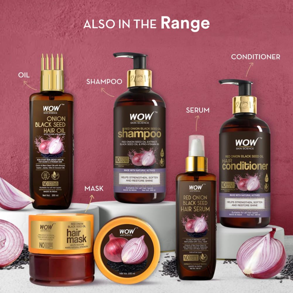 WOW Skin Science Red Onion Black Seed Hair Serum - with Red Onion Seed Oil Extract, Watercress - NON STICKY - for Frizz Control & Replenishing Dry, Dull Hair - No Parabens, Silicones & PEG - 100mL