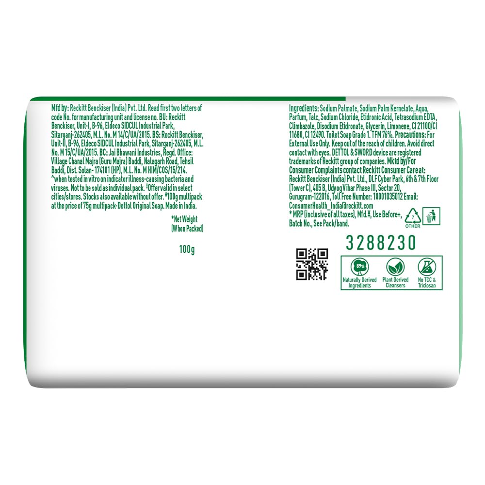 Dettol Original Germ Protection Bathing Soap Bar (400gm) | Kills 99.99% germs, 100g - Pack of 12