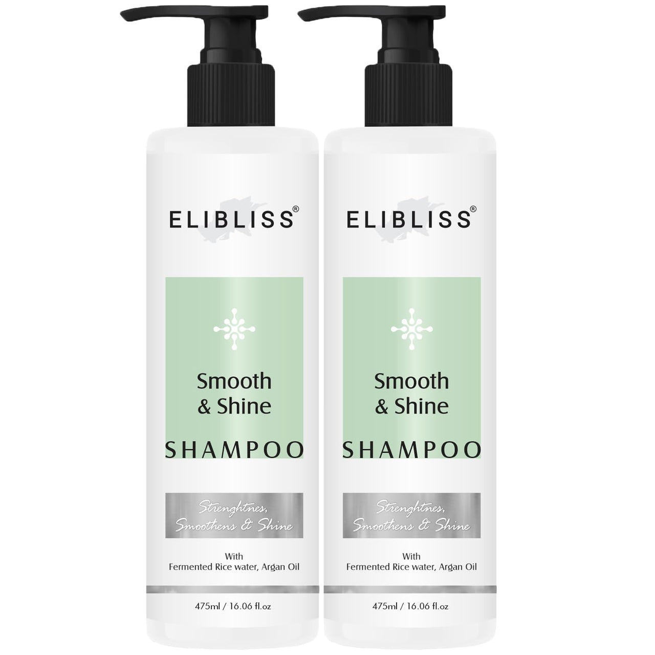 Elibliss Smooth & Shine Shampoo with Fermented Rice Water & Amino | Strengthens, Smoothens & Adds Shine | Hair Care for Dry, Frizzy, or Dull Hair | Sulfate-Free 475ml Pack of 2