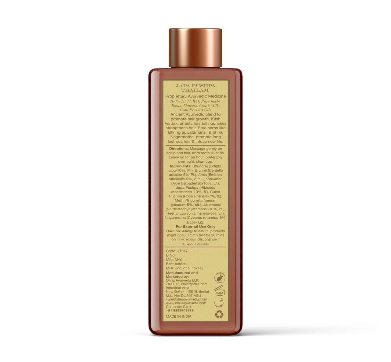 Ohria Ayurveda Japa Pushpa Thailam Hair Oil | Ayurvedic Herbal Blend with Neelibringadi Oil | Supports Hair Strength and Nourishment | For All Hair Types (200 ML)