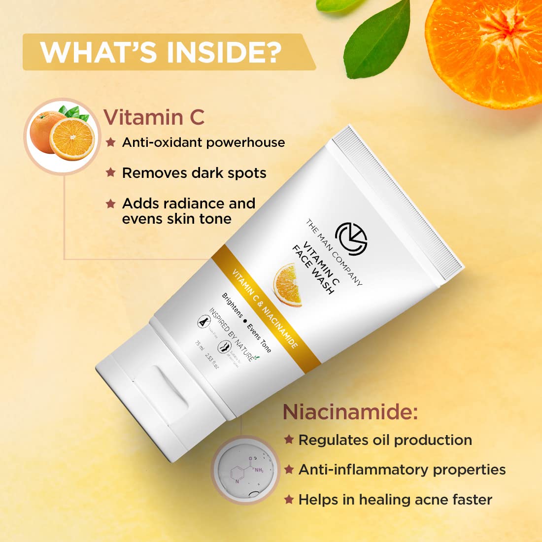 The Man Company Skin Brightening (Buy 1 Get 1) Vitamin C Face Wash- 75 ml Each with Turmeric and Niacinamide For Clean, Bright & Soft Skin I Oil Free Look I Unclog Pores,Instant Glow