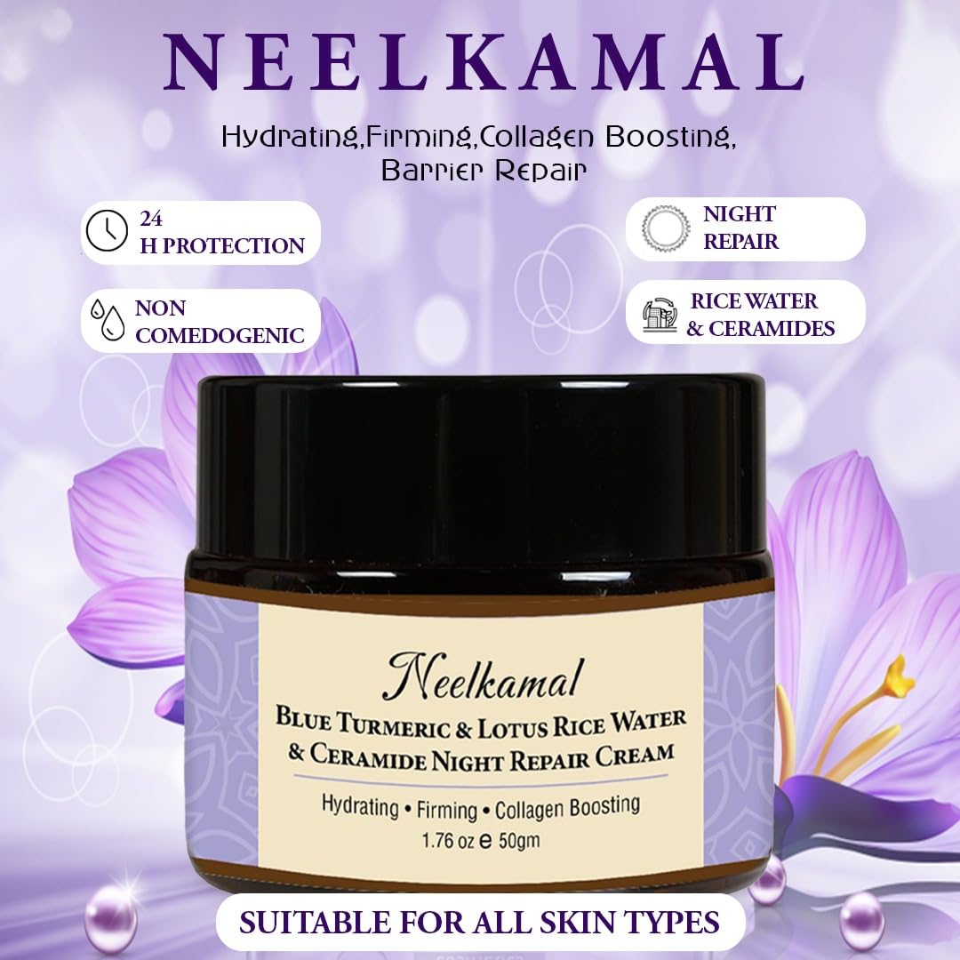 Herbs & Greens Blue Turmeric & Lotus Rice Water Ceramide Night Repair Moisturizer Cream | Hydrating, Firming, Collagan Boosting | Skin Barrier Face Cream For Woman & Men | All Skin Types | 50gm