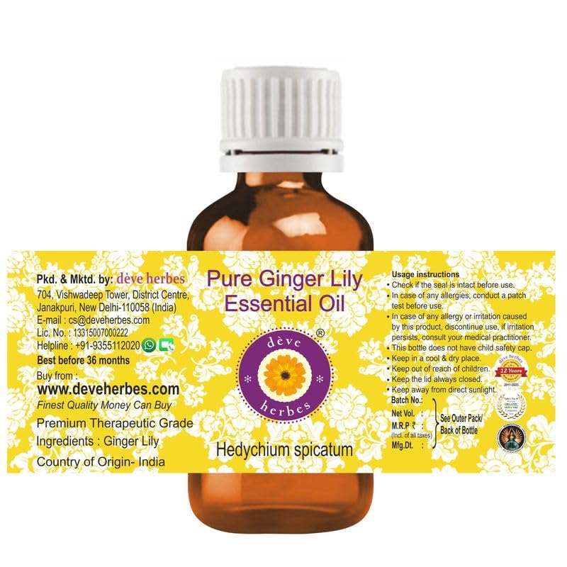 Deve Herbes Ginger Lily Essential Oil (Hedychium spicatum) Pure | Non-Sticky | Non-greasy | Lightweight | Men & Women | All Skin Types | Steam Distilled 15ml