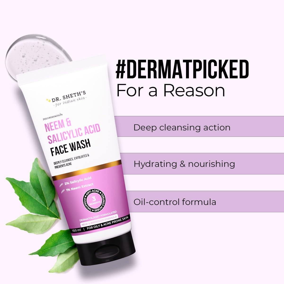 Dr. Sheth's Neem & 2% Salicylic Acid Face Wash | For Oily & Acne Prone Skin | With 1% Zinc PCA, Vitamin E, C & B5 | Deeply Cleanses | Exfoliates Skin | Prevents Acne | For Men & Women | 100ml