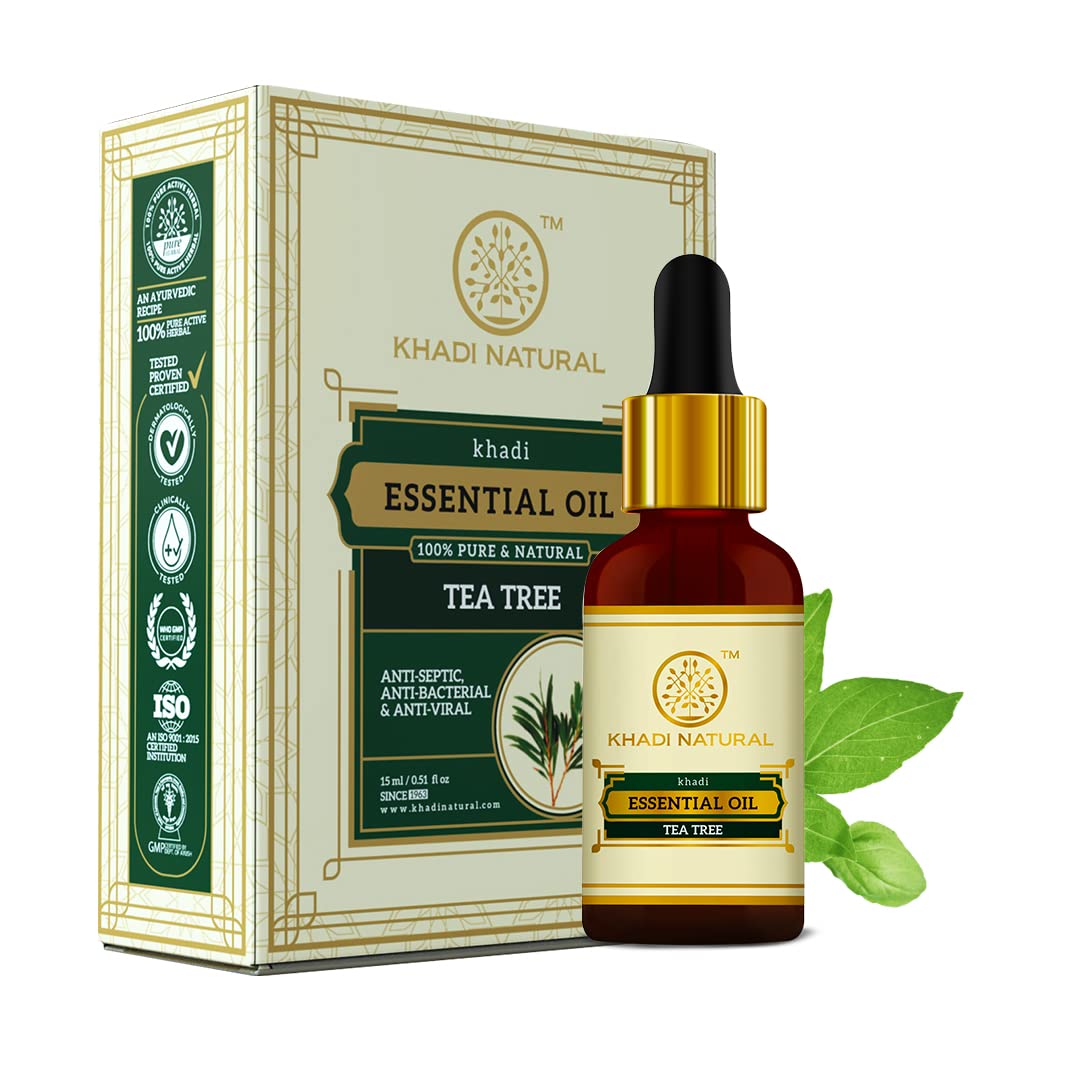 Khadi Natural Tea Tree Pure Essential Oil| Latest International Packaging| Provides Fresh & Purifying Experience| Anti inflammatory Properties| Skincare & Haircare| Improves Scalp Health| Helps Reduce Spots| 15ml
