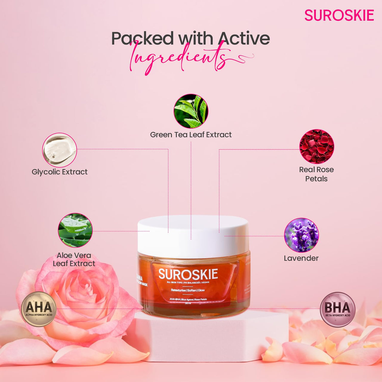 Suroskie Rosanna Rose Instant Glow Face Mask 50Ml | With Rose & Aloe Vera | For Cleans Pores & Dark Spot | Spa Glow At Home | Facial In A Jar | Korean Face Mask For Glowing Skin |Men & Women