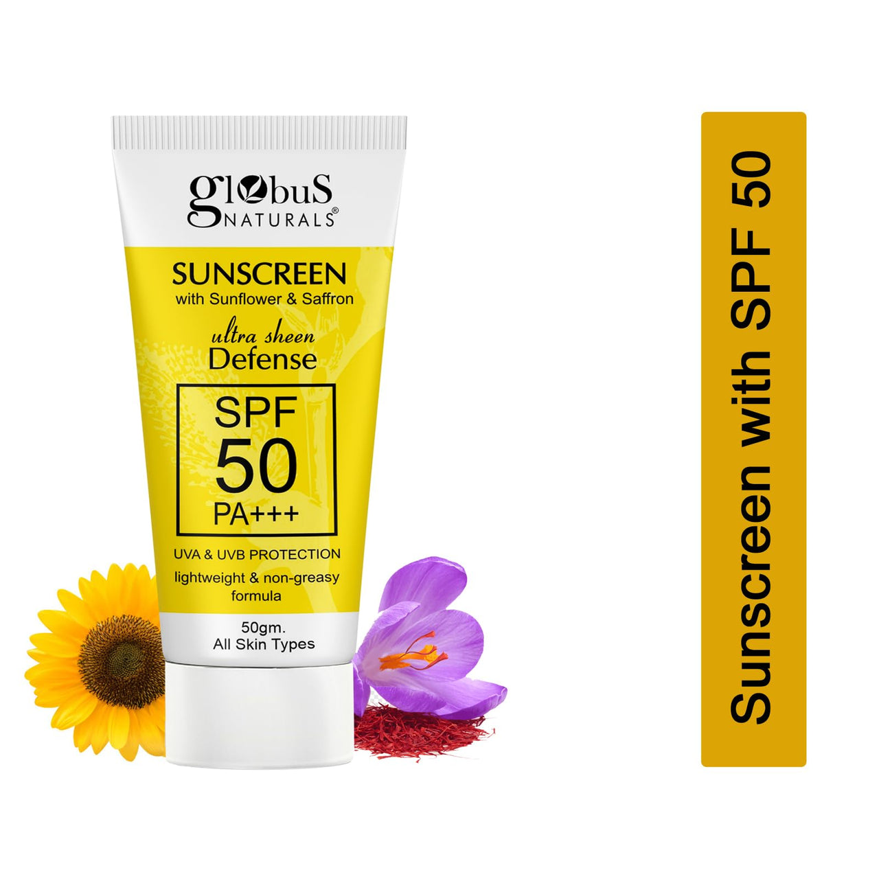 Globus Naturals Sunscreen with Ultra Sheen Defense, SPF 50 PA+++, UVA & UVB Protection, Lightweight & Non-greesy Formula, Normal to Oily Skin, 50 gm (Pack of 1)