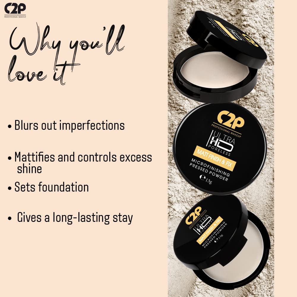 C2P Pro Ultra HD Microfinishing Pressed Powder for Face Makeup 13g | Translucent Matte Powder for All Skin Tones | Sets Makeup Controls Oil & Blurs Pores | Lightweight & Non-Drying Formula