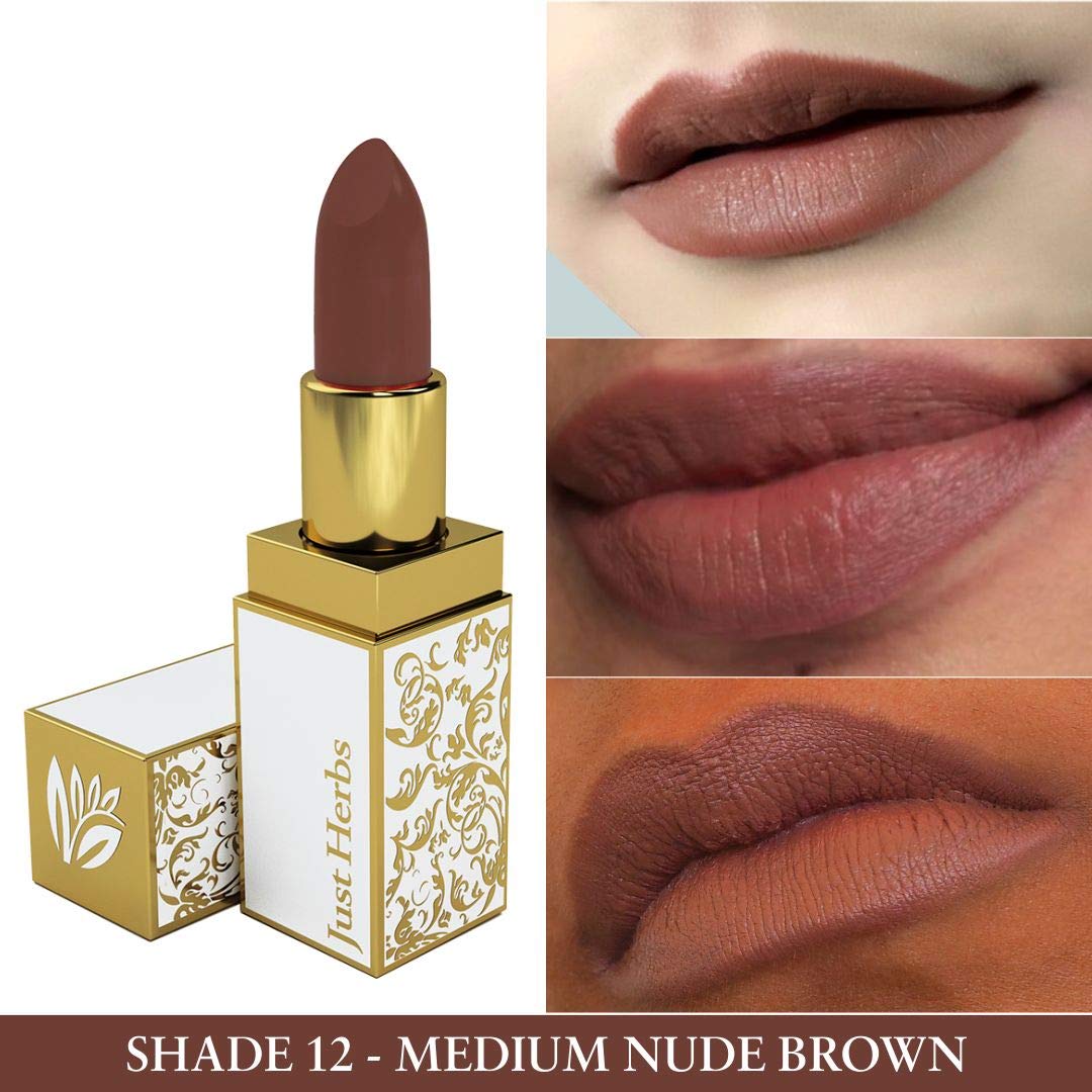 Just Herbs Natural & Organic Herb Enriched Ayurvedic Creamy Matte Lipstick For Dry & Chapped Lips- Paraben & Chemical Free Lipstick (Medium Nude Brown, Shade no. 12)