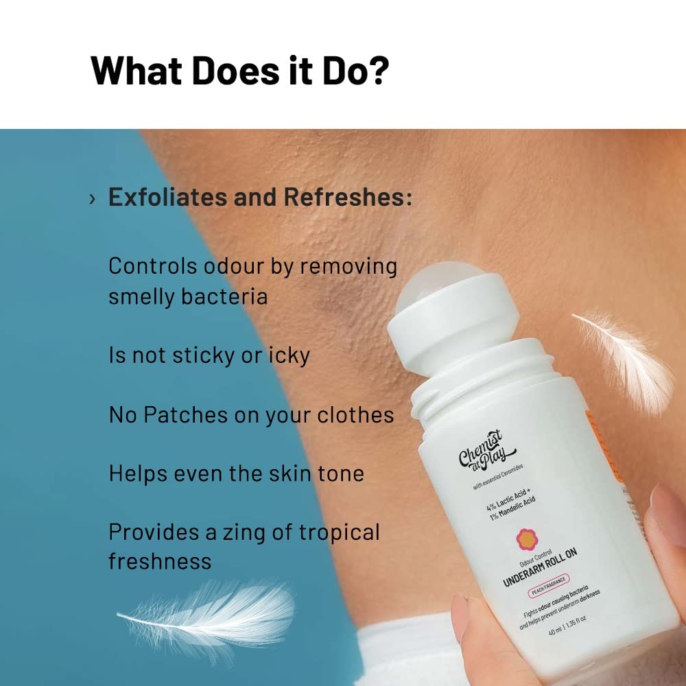 Chemist at Play UnderArm Roll-On with 5% Lactic Acid & 1% Mandelic Acid | Prevents Odour, Brightens Skin & Exfoliates Underarm | Peach Fragrance | Alcohol & Aluminium Free | 40ml (Pack of 2)