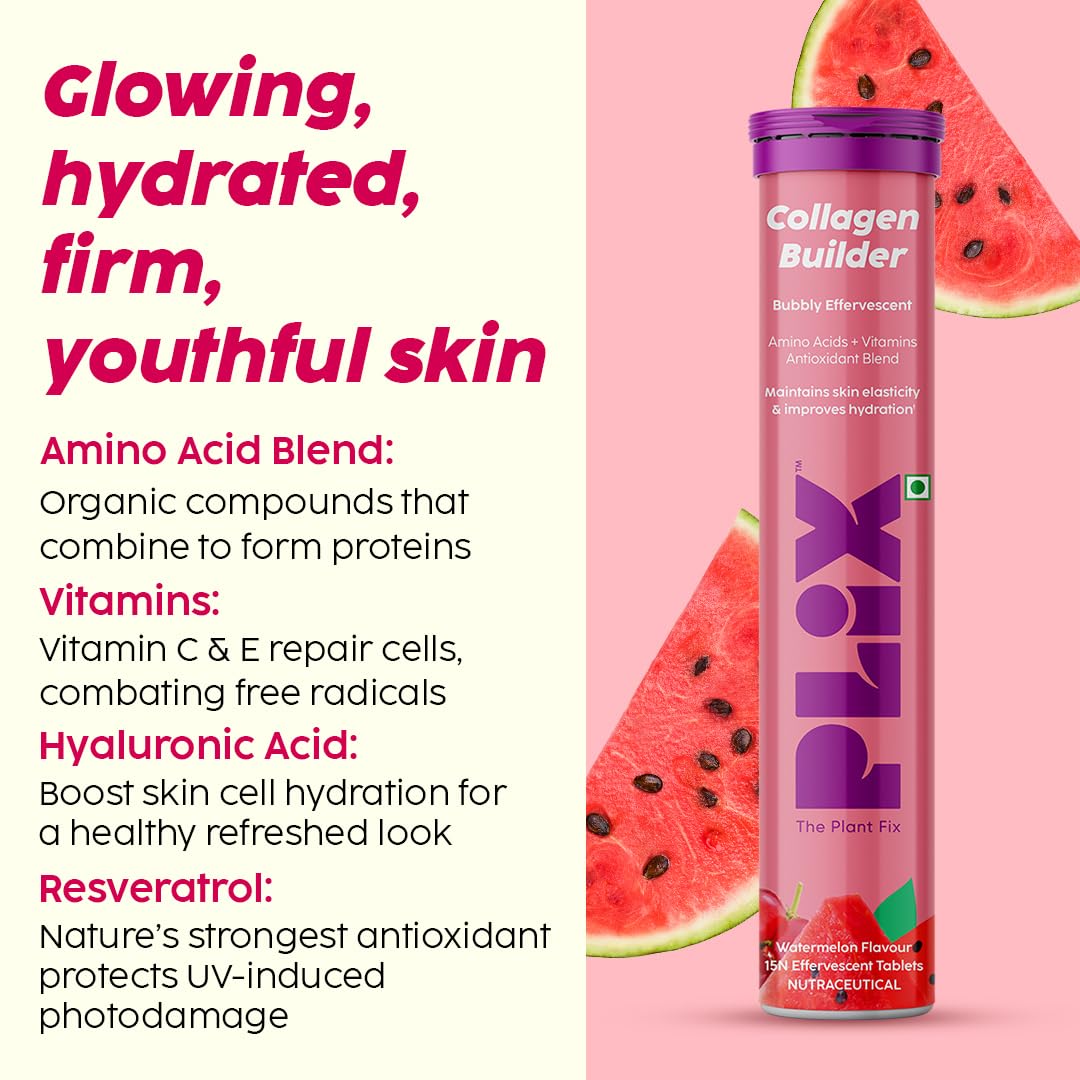PLIX - THE PLANT FIX Collagen Builder Bubbly Effervescent - 15 Tablets (Pack of 8, Watermelon) for Hydrated Skin & Anti-Aging | Amino Acid Blend For Collagen Production | Vitamin C & E | 100% Vegan