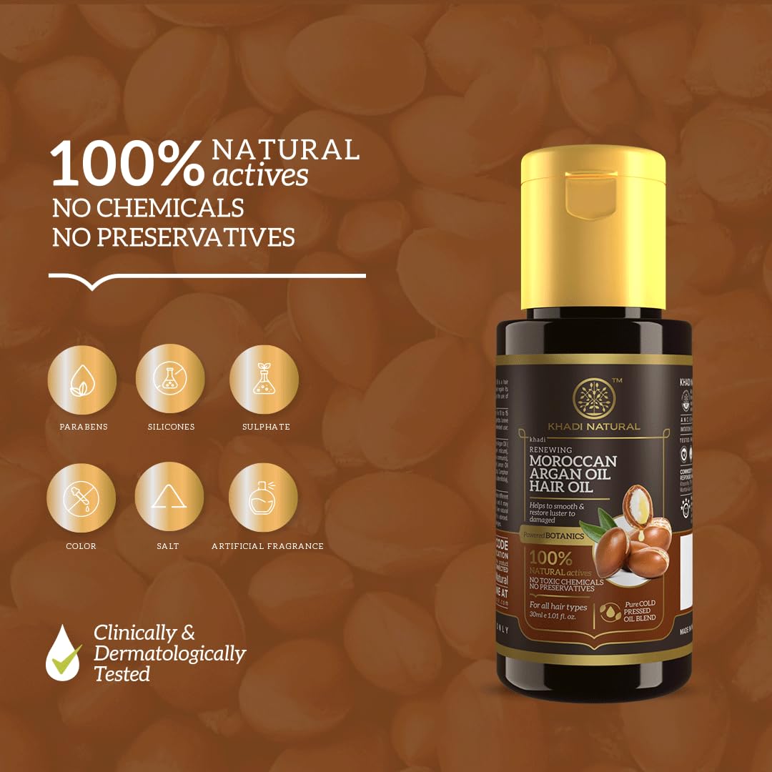 Khadi Natural Moroccan Argan Hair Oil| Frizz-Free and Lustrous Hair | Formulated for All Hair Types | Infused with the Power of Botanicals| Nourishment for Your Tresses | 30 ml