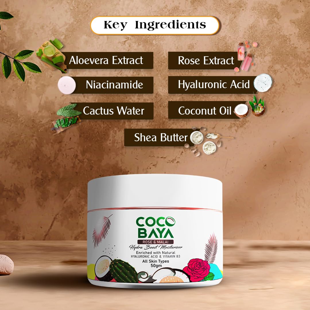 Coco Baya Hydra Boost Moisturizer, Enriched With Rose, Malai, Natural Hyaluronic Acid & Vitamin B3, Moisturizer For All Skin Types, Helps Slow Down Any Signs Of Aging, 50 gm