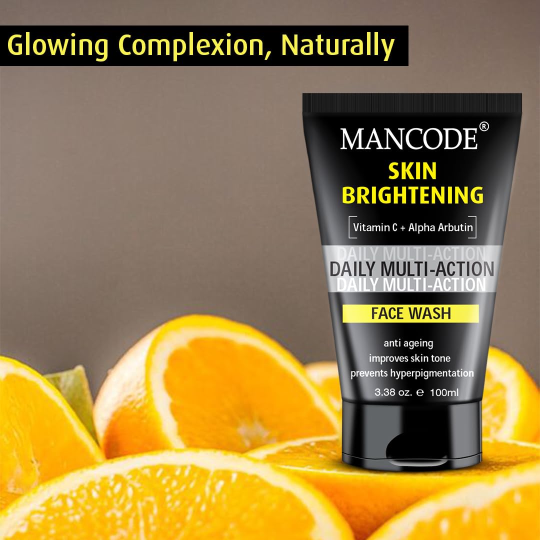 Mancode Daily Action Face Wash for Men with Vitamin C and Alpha Arbutin- Clear Skin, Oil Control, Acne Defense, Dark Spot Reduction, Pollution Protection - Pack of 1 | Men's Face Wash-100ml