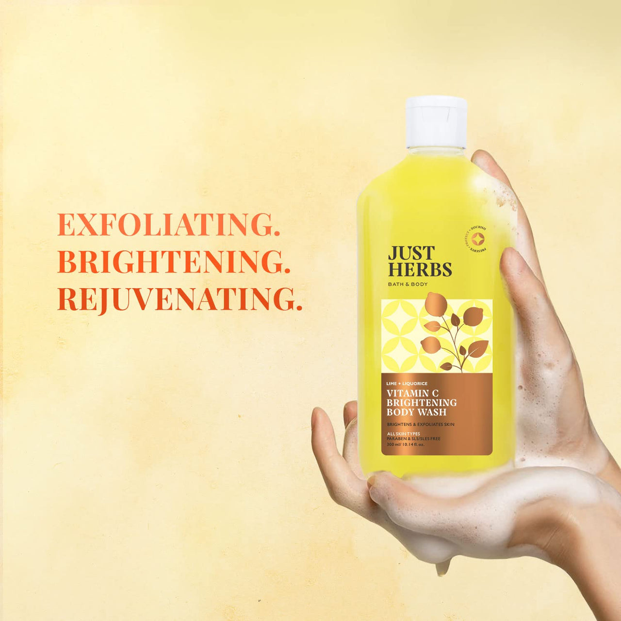 Just Herbs Vitamin C Skin Brightening Exfoliating Lime + Liquorice Body Wash for 300 ml & Just Herbs Under Arm Roll On Deodorant - 50 ml Combo