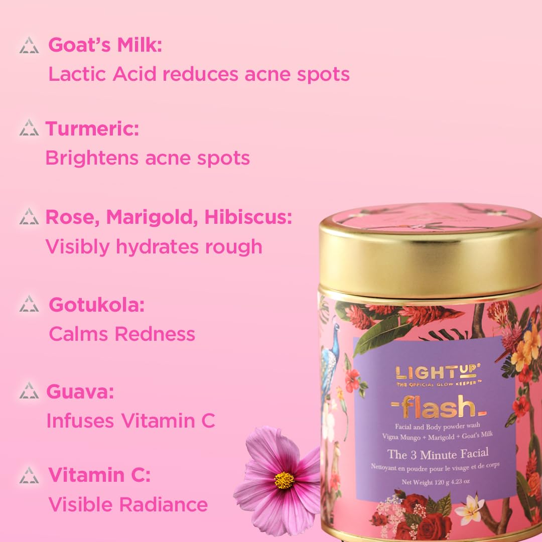 Light Up Flash Face&Body Brightening Ubtan-3 Minute Facial,Goat'S Milk,Marigold,Hibiscus,Rose,Guava&Vitamin C: Instant Glow,Tan Removal,Gentle Exfoliation,Natural Radiance,Bridal-120 Gm,Scrub,1 Count }