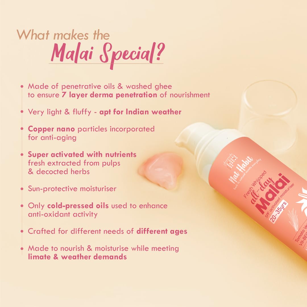 Nat Habit All Day Face Cream, Fresh Whipped Tomato Vetiver Face Malai, Vitamins B, E & C - Youth Anchor For Hot Humid Weather Moisturization & Sun Protection (Ages 20-35 yrs, 30g)