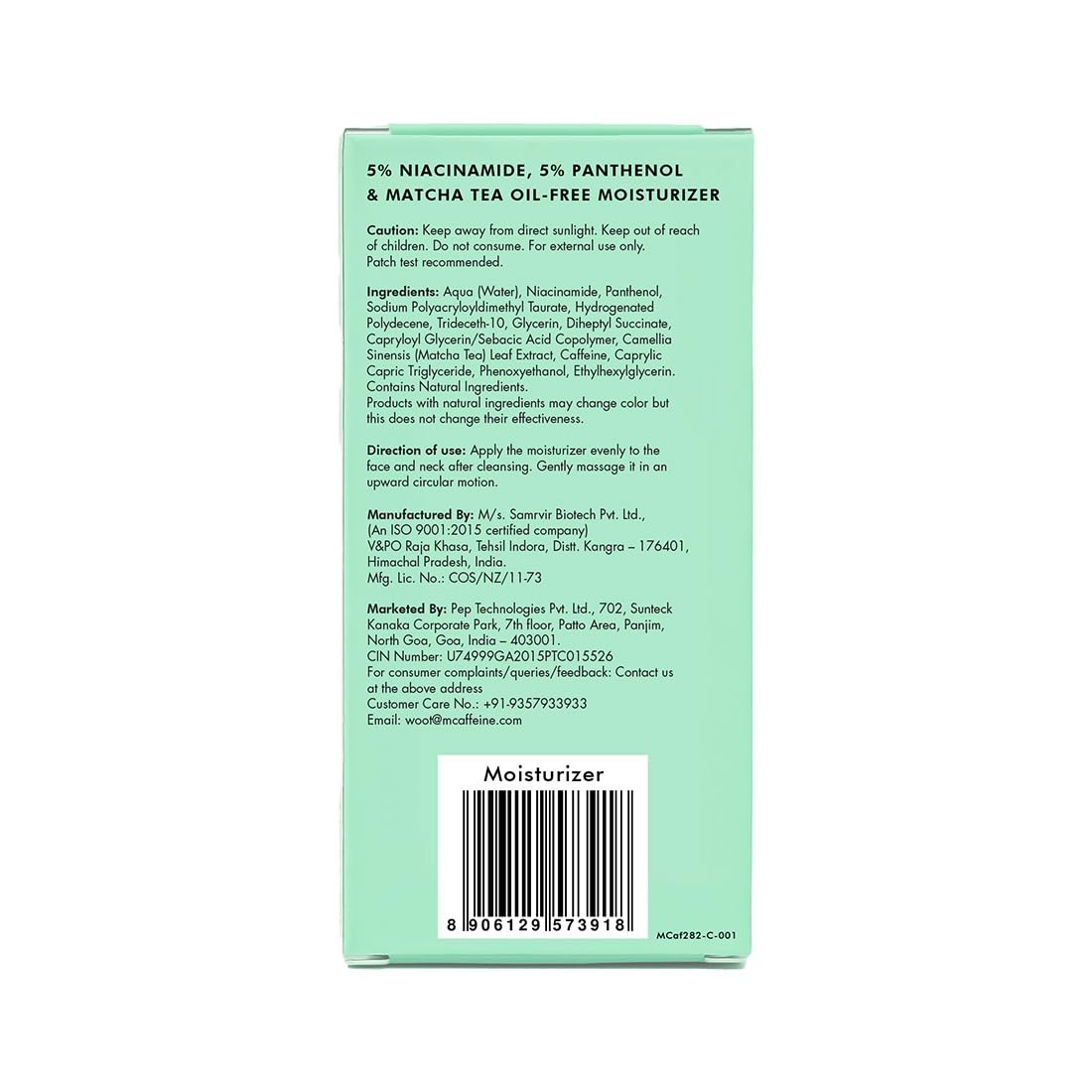 mCaffeine 10% Niacinamide & Panthenol, Vitamin B5 Oil-Free Moisturizer for Acne with Matcha Tea| Lightweight Hydration & Soothes Skin | Non-greasy, Fragrance-Free | For Oily, Acne Prone Skin - 50ml