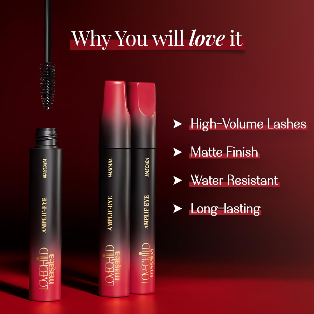 LoveChild Masaba Amplif-EYE Mascara, Black, Volumizing & Nourishing Eye Makeup with Castor Oil & Calendula, Matte Finish, Water-Resistant & Long-Lasting, Black Mascara for Bold Lashes, 4.5g