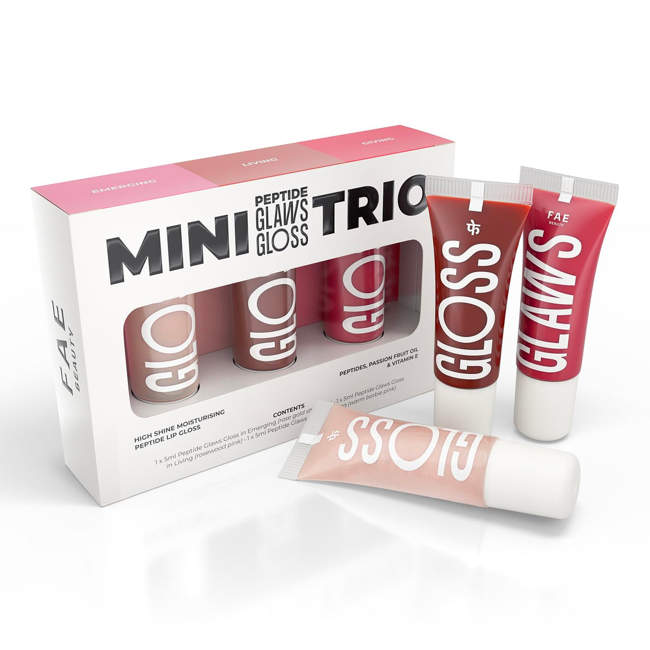 FAE Beauty Mini Peptide Lip Gloss Trio | With Passionfruit Oil & Argireline to Smoothen, Even, and Soften Lips | Non Sticky | Hydrating | Vegan | Shades - Emerging | Living | Giving