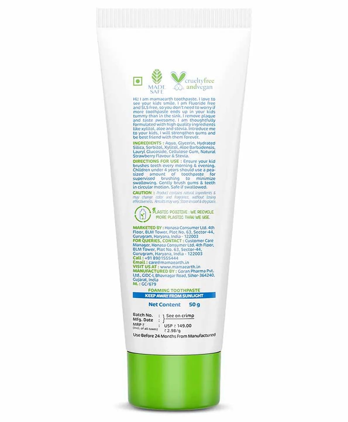 Mamaearth 100% Natural Berry Blast Kids Plaque Removal Toothpaste 50 Gm, Fluoride Free, SLS Free, No Artificial Flavours, Best for baby
