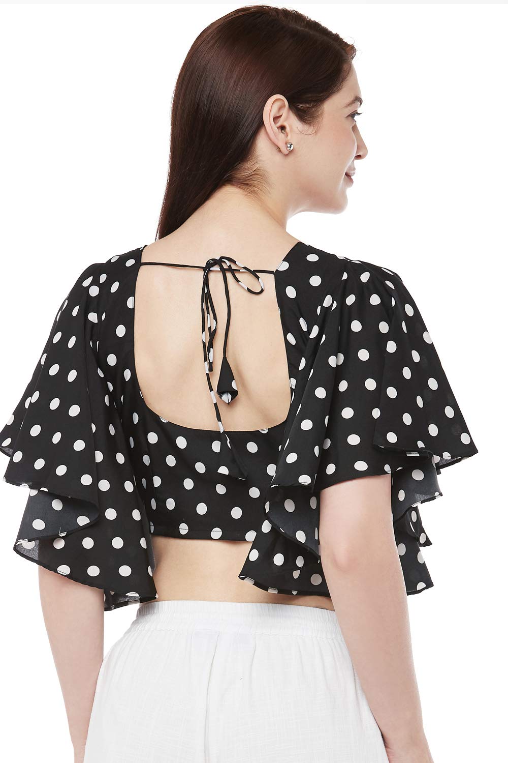 X3 Women's  Black & White Polka Dot Polyester Saree Blouse with Cape Sleeves